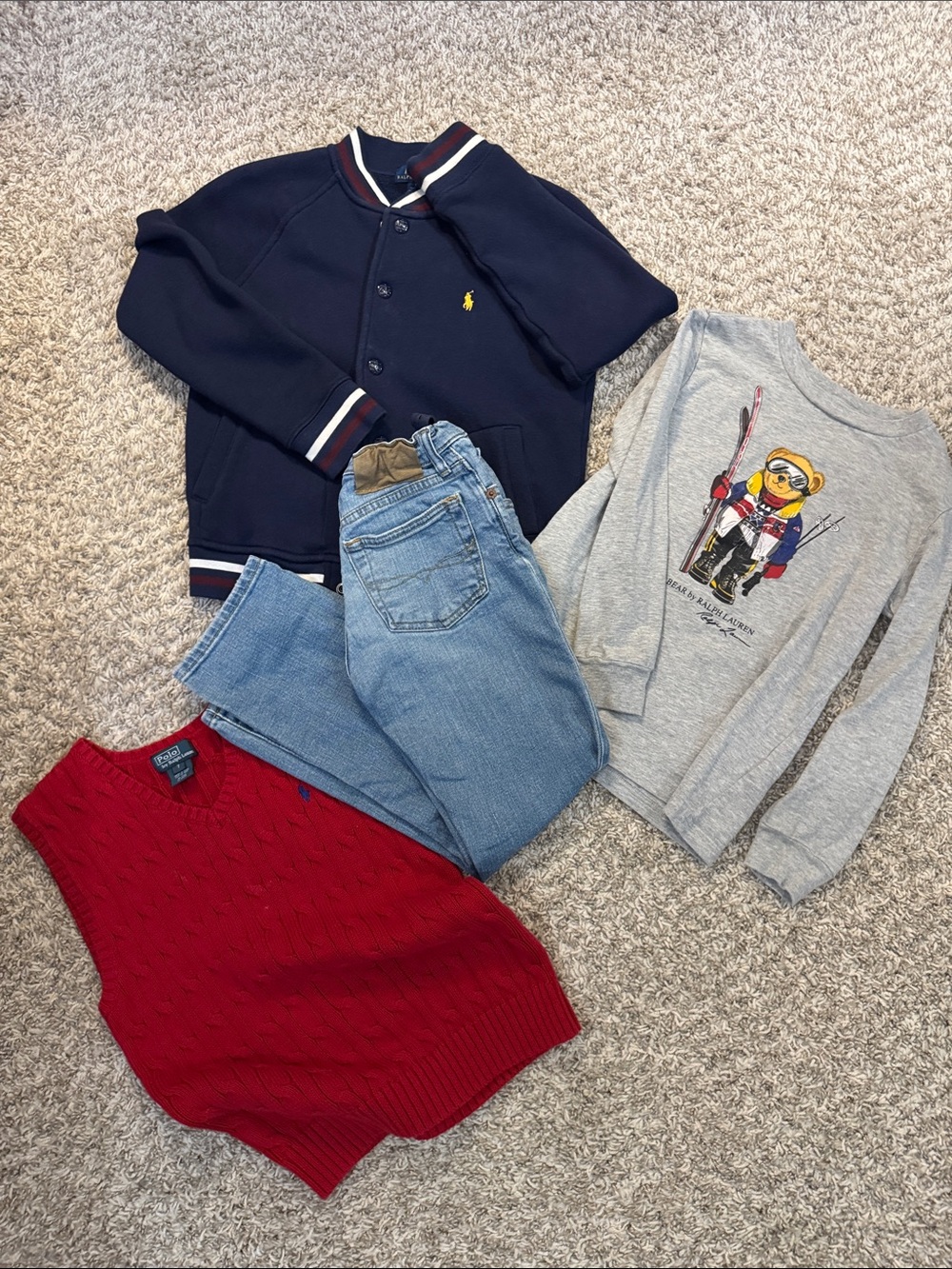 Polo by Ralph Lauren, jacket, jeans, pullover vest, long sleeve top